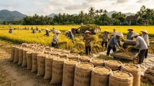 Làm dịch vụ tuốt lúa thuê thu hoạch thóc vàng đầy bao năng suất cao
