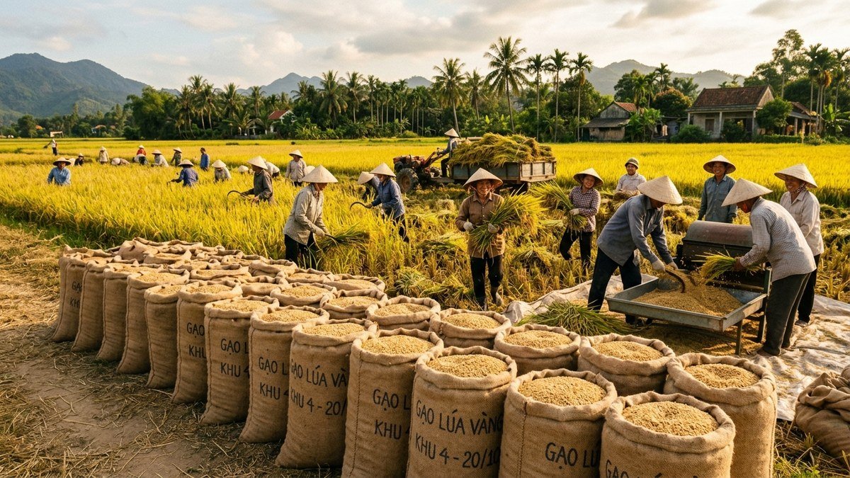 Làm dịch vụ tuốt lúa thuê thu hoạch thóc vàng đầy bao năng suất cao