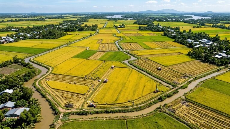 Toàn cảnh cánh đồng lúa chín vàng trù phú - Chọn model máy tuốt lúa phù hợp