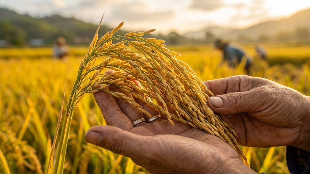 Bông lúa nếp chín vàng hạt mẩy và giải pháp buồng đập chống nghẽn Tân Việt