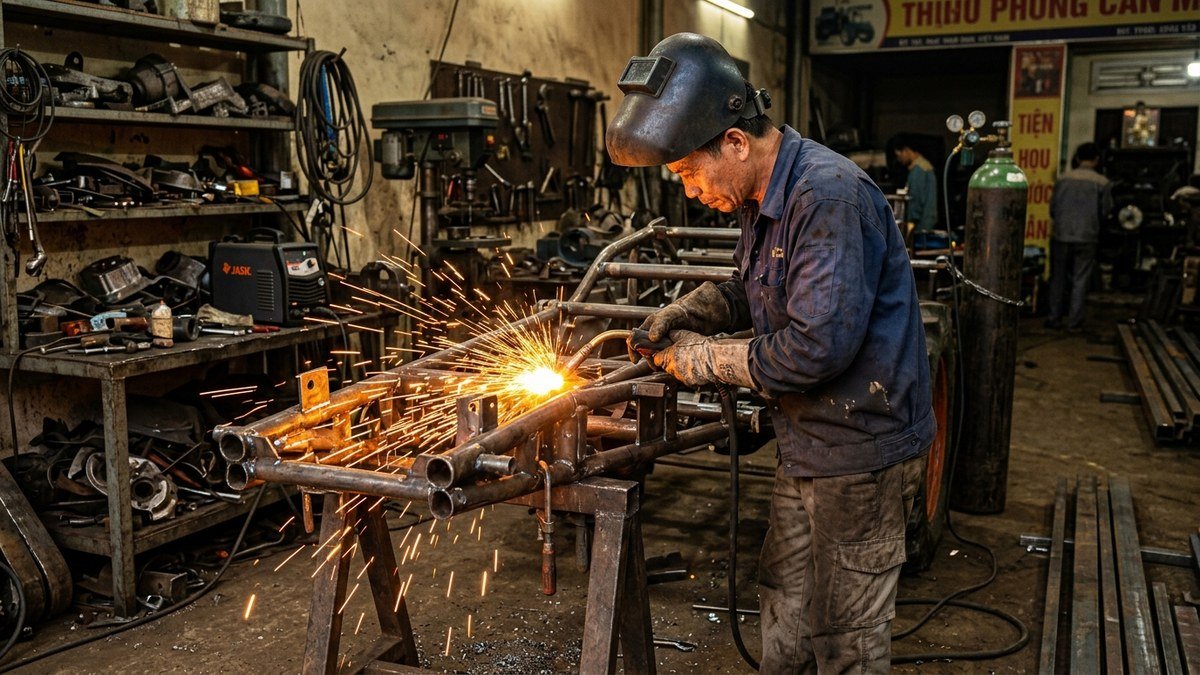 Thợ cơ khí làng nghề Xuân Tiến Nam Định chế tạo máy tuốt lúa Tân Việt
