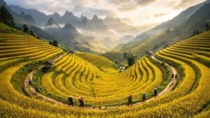 Ruộng bậc thang vùng cao và kinh nghiệm vận chuyển máy tuốt lúa đèo dốc