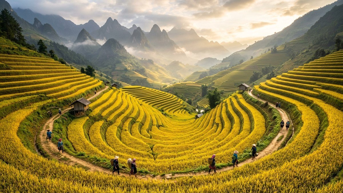 Ruộng bậc thang vùng cao và kinh nghiệm vận chuyển máy tuốt lúa đèo dốc